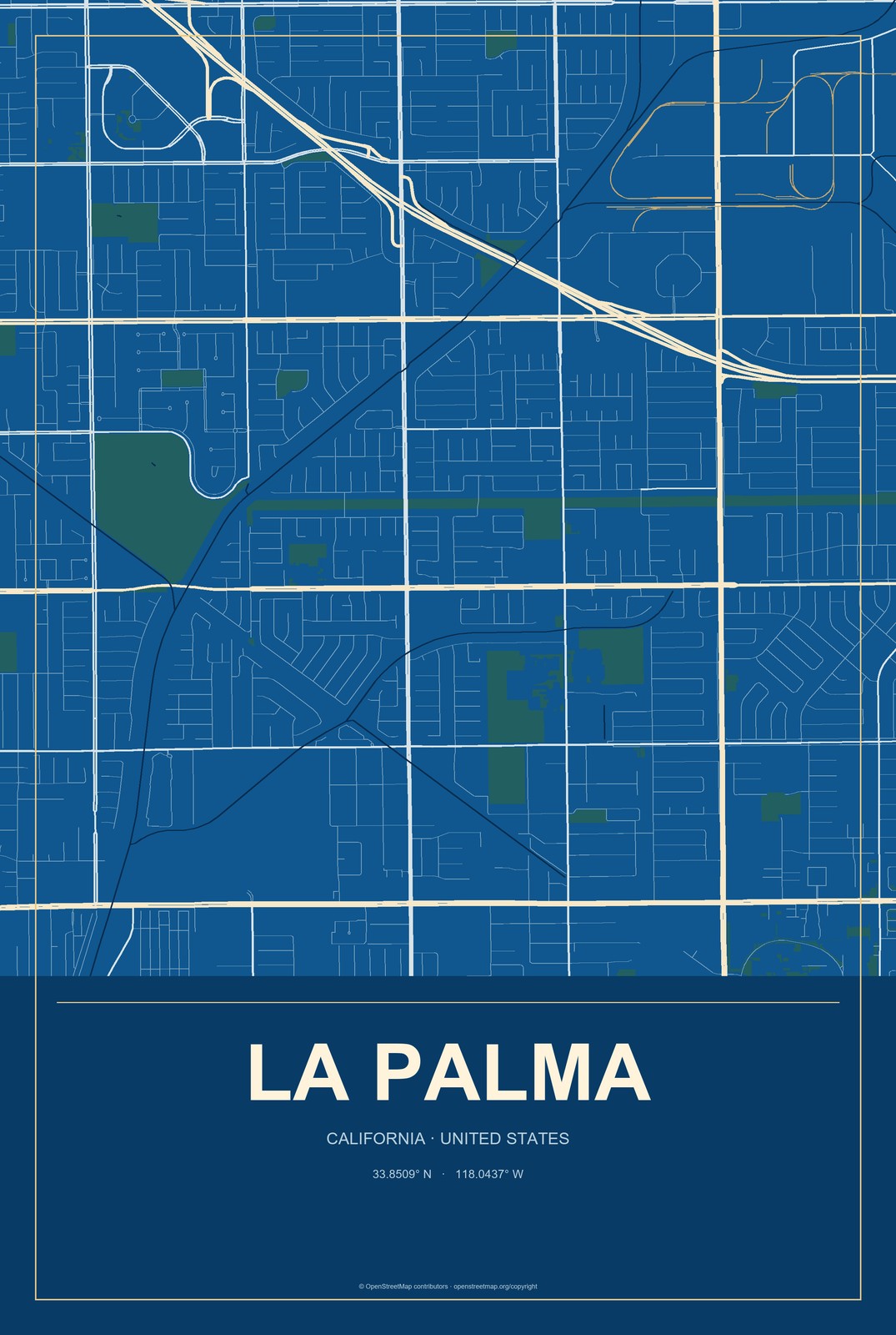 La Palma, California City Map Aluminum Sign in Harbor Cobalt style