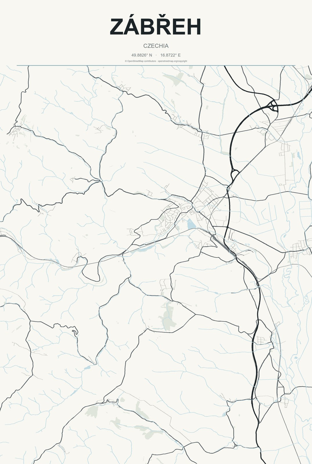 Zábřeh, Czechia City Map Aluminum Sign in Headline Atlas style
