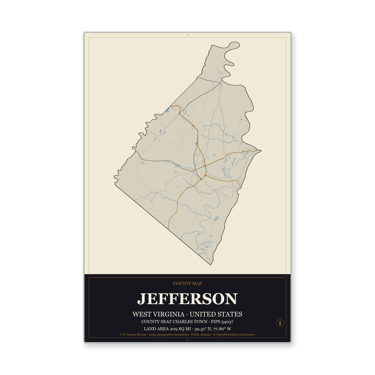Jefferson County, West Virginia Map Aluminum Sign in Museum Plaque style