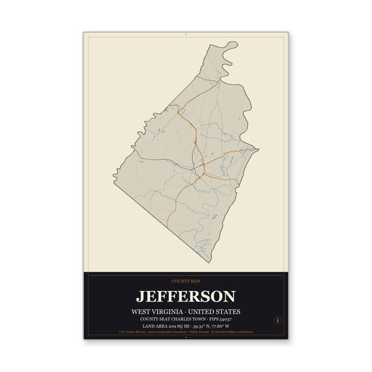 Jefferson County, West Virginia Map Aluminum Sign in Museum Plaque style