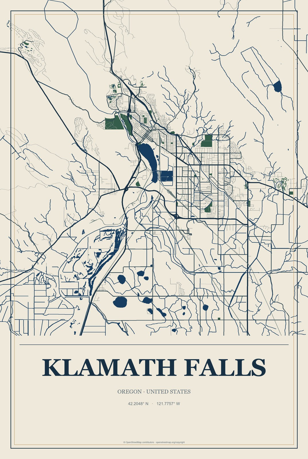 Klamath Falls, Oregon City Map Aluminum Sign in Coastal Cutout style