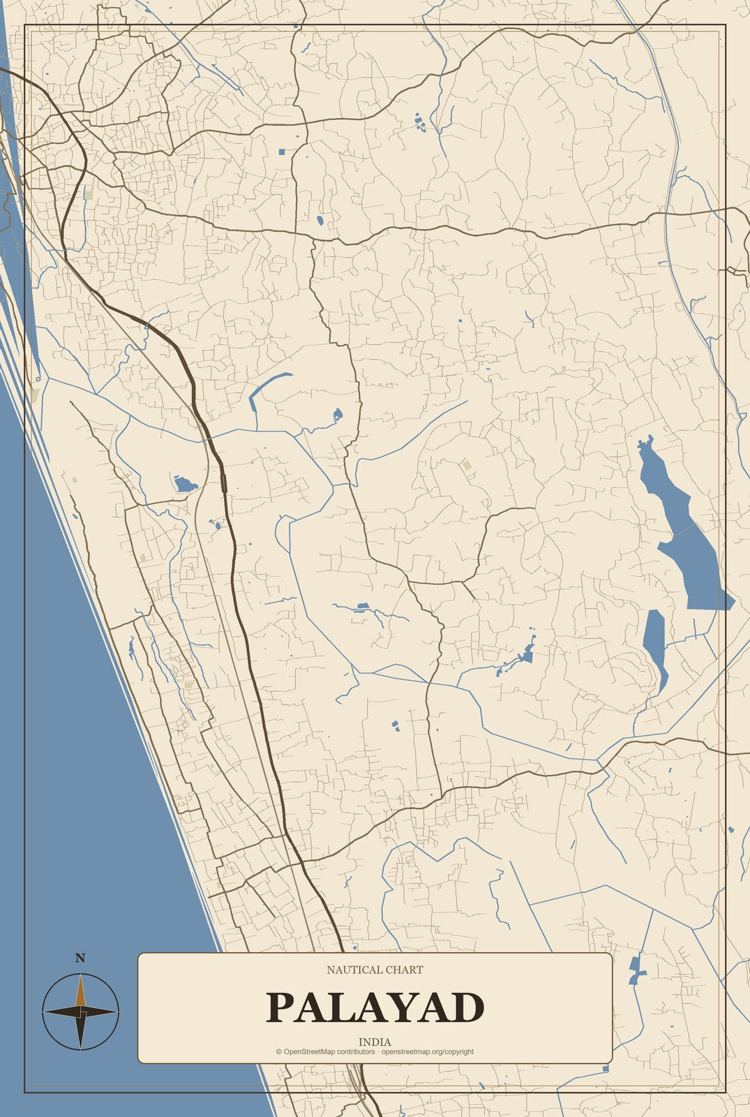 Palayad, India City Map Aluminum Sign in Heritage Nautical style