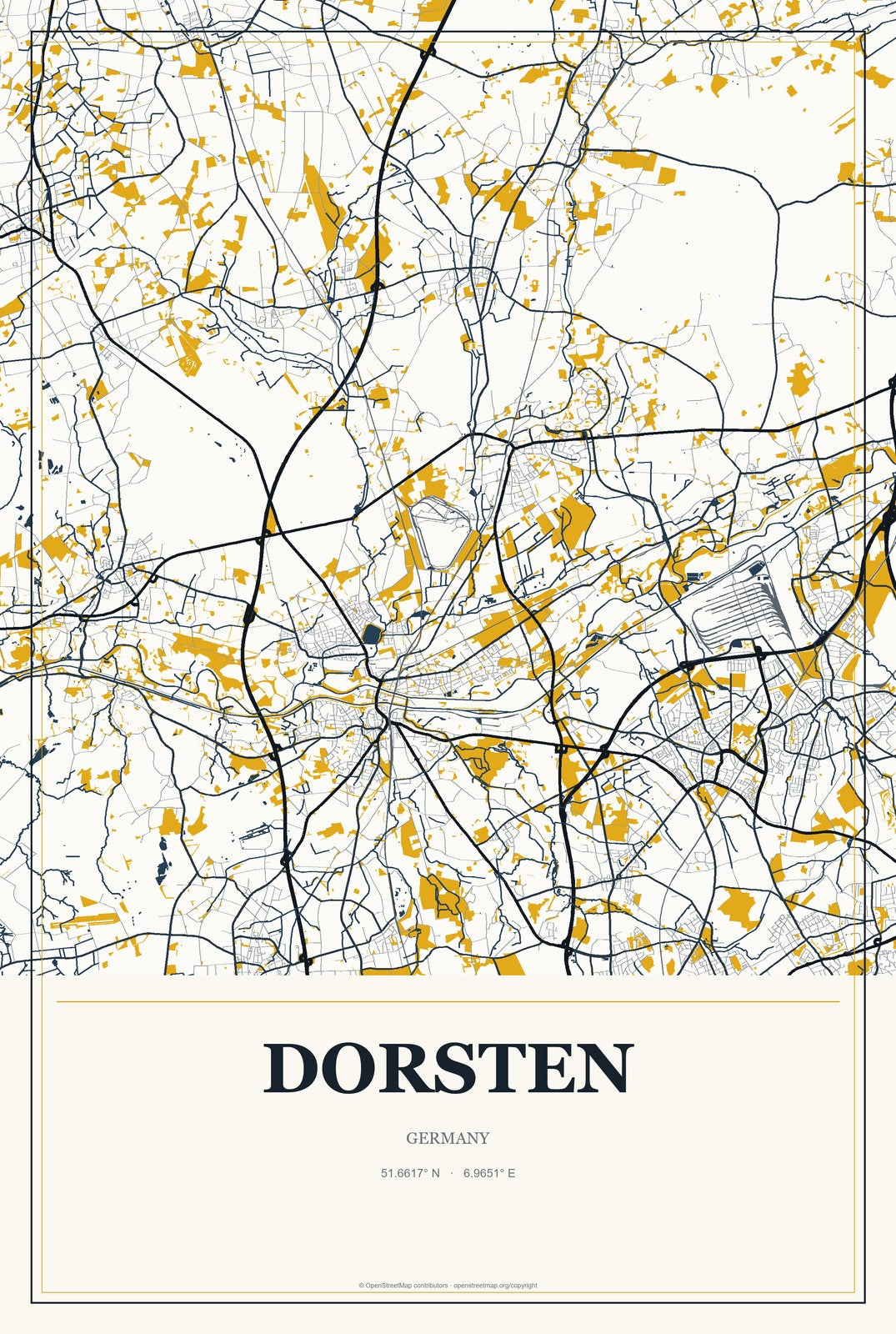 Dorsten, Germany City Map Aluminum Sign in Citrine Modern style