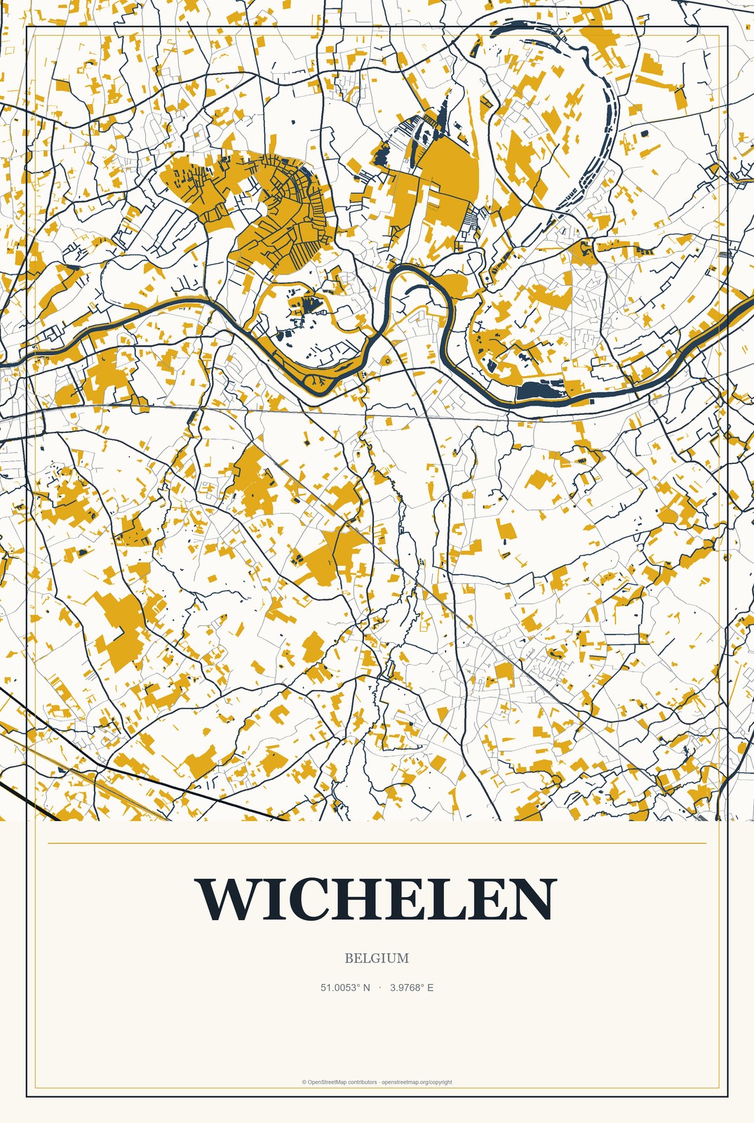 Wichelen, Belgium City Map Aluminum Sign in Citrine Modern style