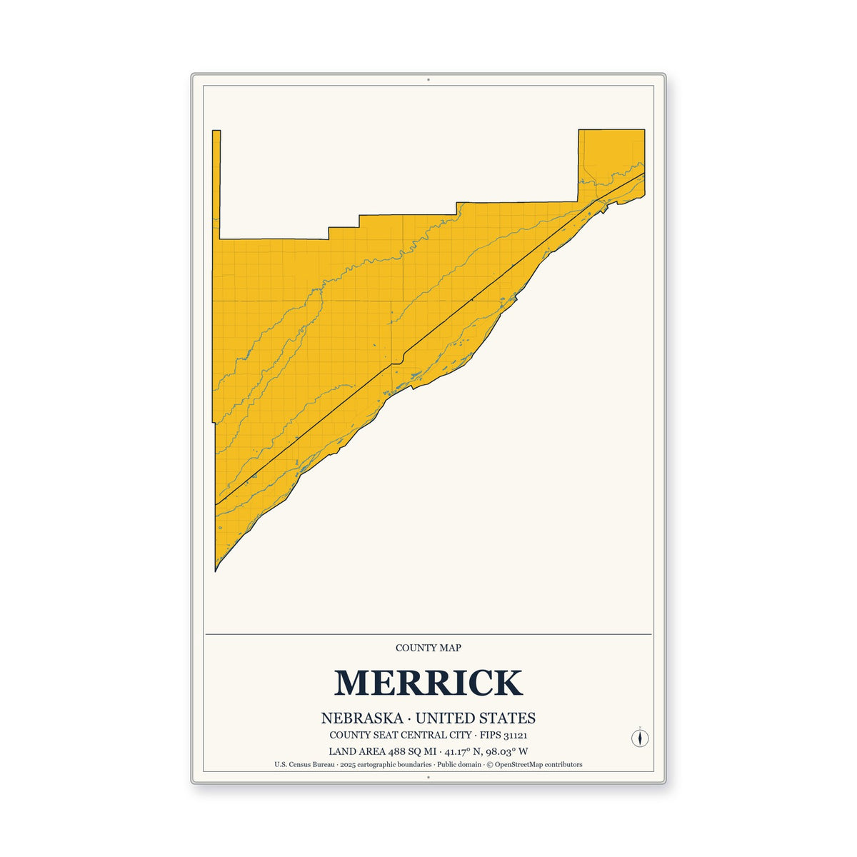 Merrick County, Nebraska Map Aluminum Sign in Citrine Modern style