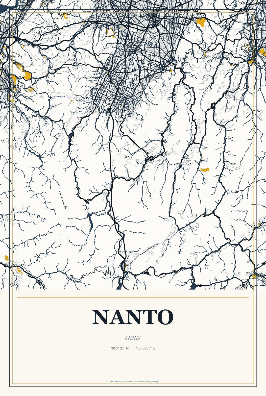 Nanto, Japan City Map Aluminum Sign in Citrine Modern style