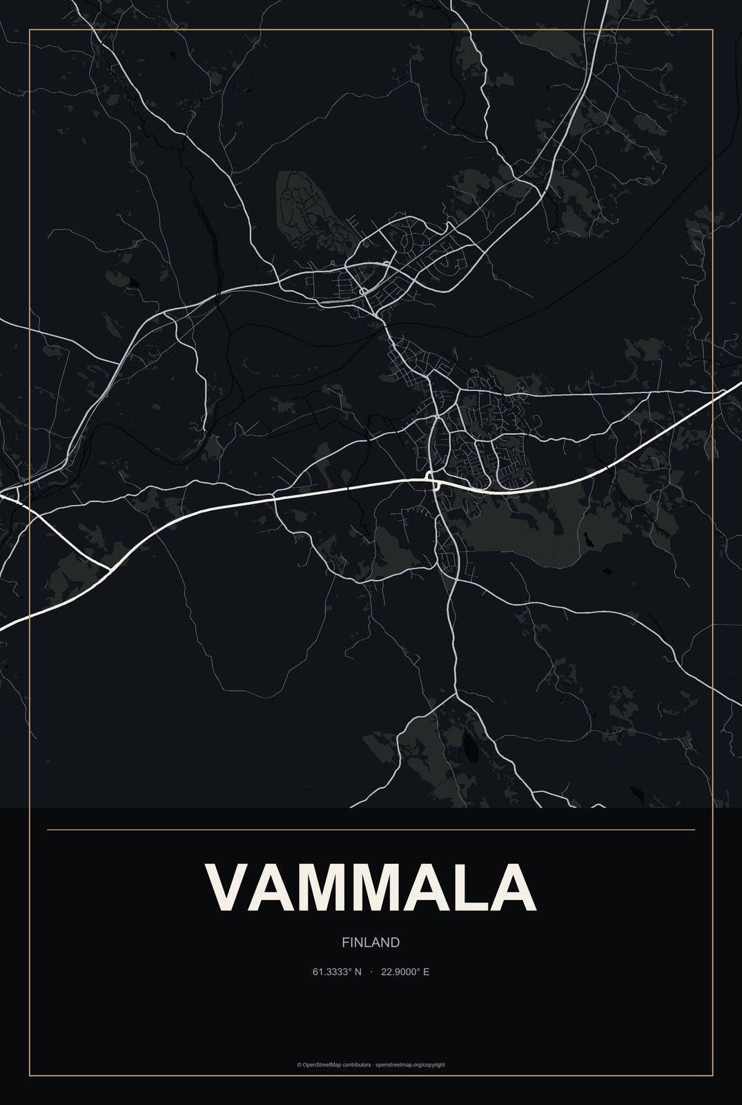 Vammala, Finland City Map Aluminum Sign in Metropolitan Noir style