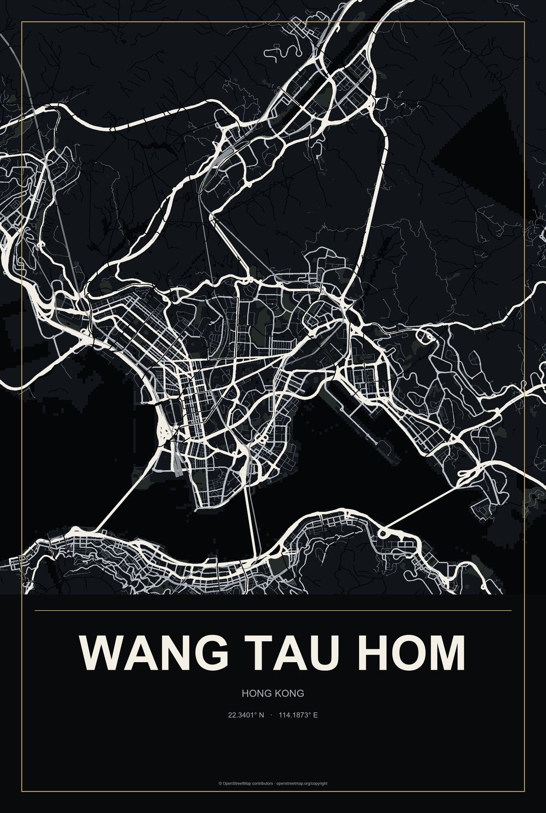 Wang Tau Hom, Hong Kong City Map Aluminum Sign in Metropolitan Noir style