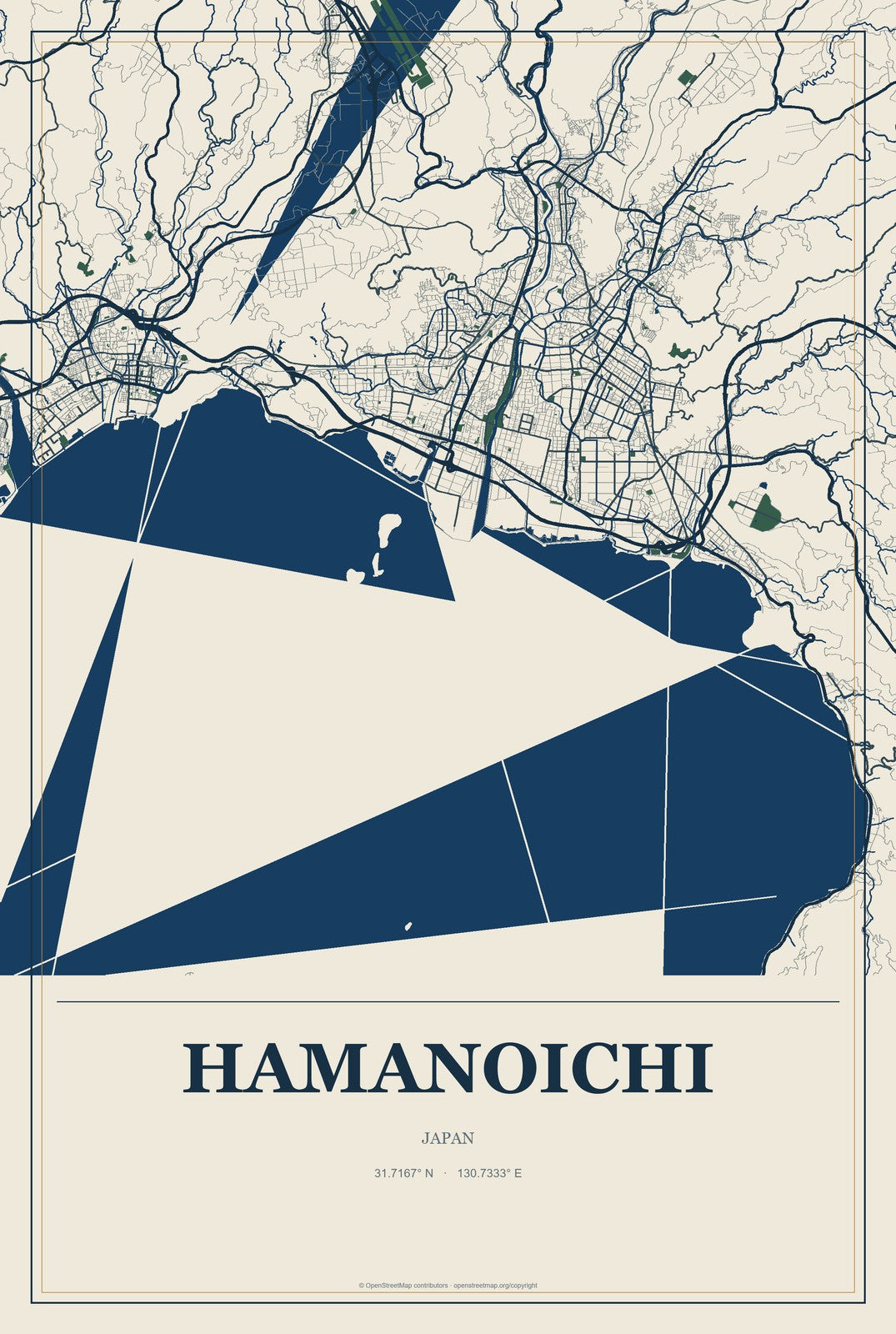 Hamanoichi, Japan City Map Aluminum Sign in Coastal Cutout style