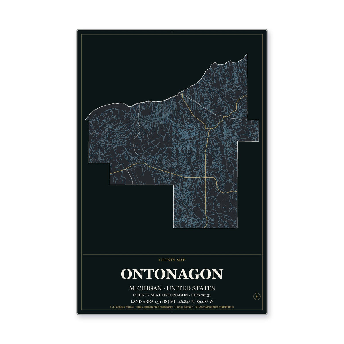 Ontonagon County, Michigan Map Aluminum Sign in Metropolitan Noir style