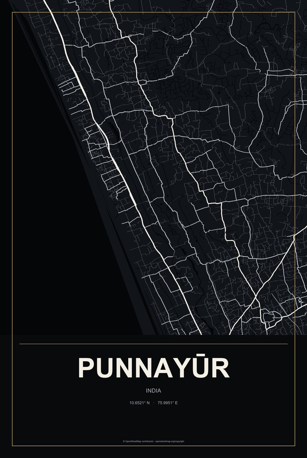 Punnayūr, India City Map Aluminum Sign in Metropolitan Noir style