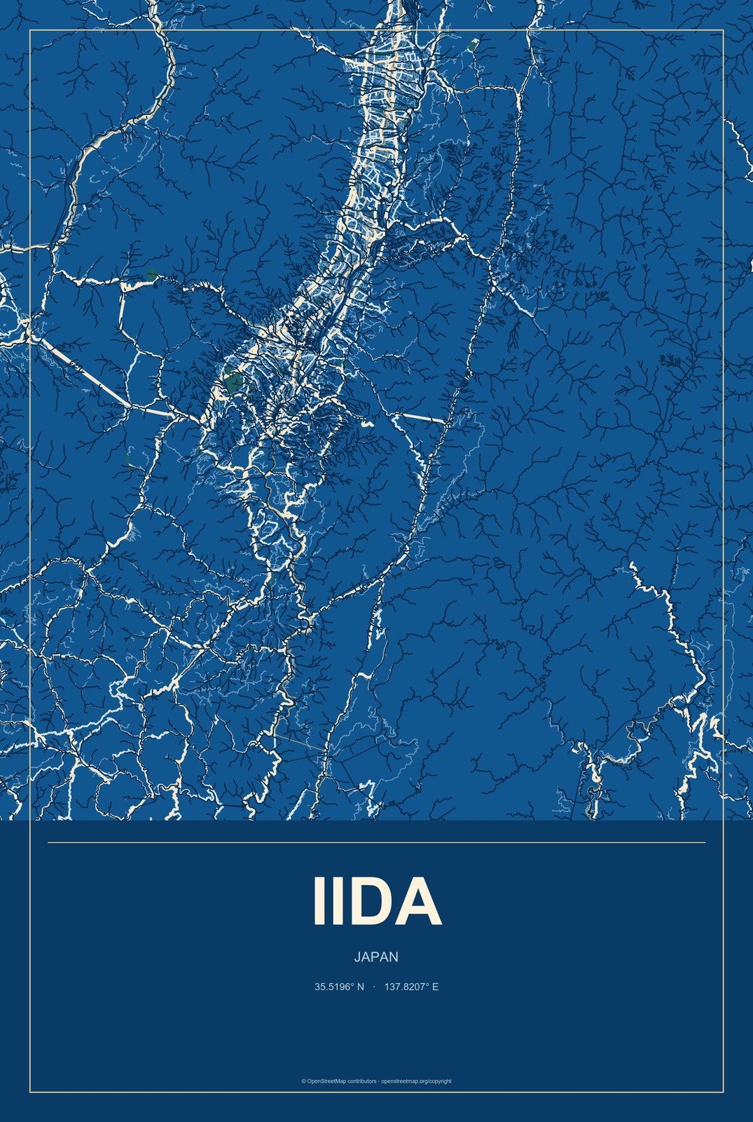 Iida, Japan City Map Aluminum Sign in Harbor Cobalt style