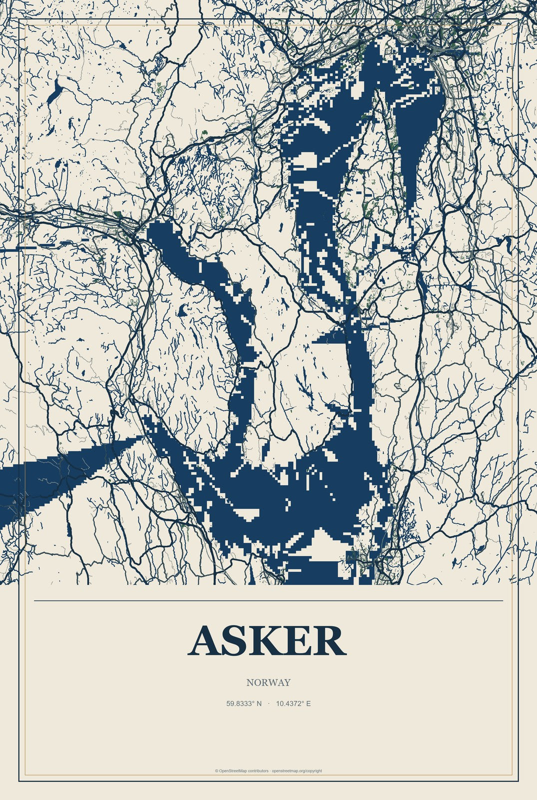Asker, Norway City Map Aluminum Sign in Coastal Cutout style