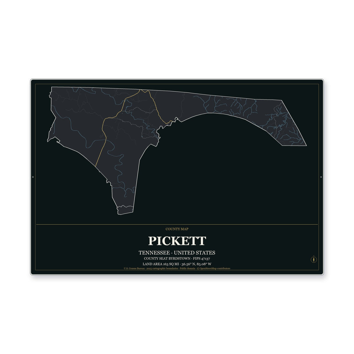 Pickett County, Tennessee Map Aluminum Sign in Metropolitan Noir style
