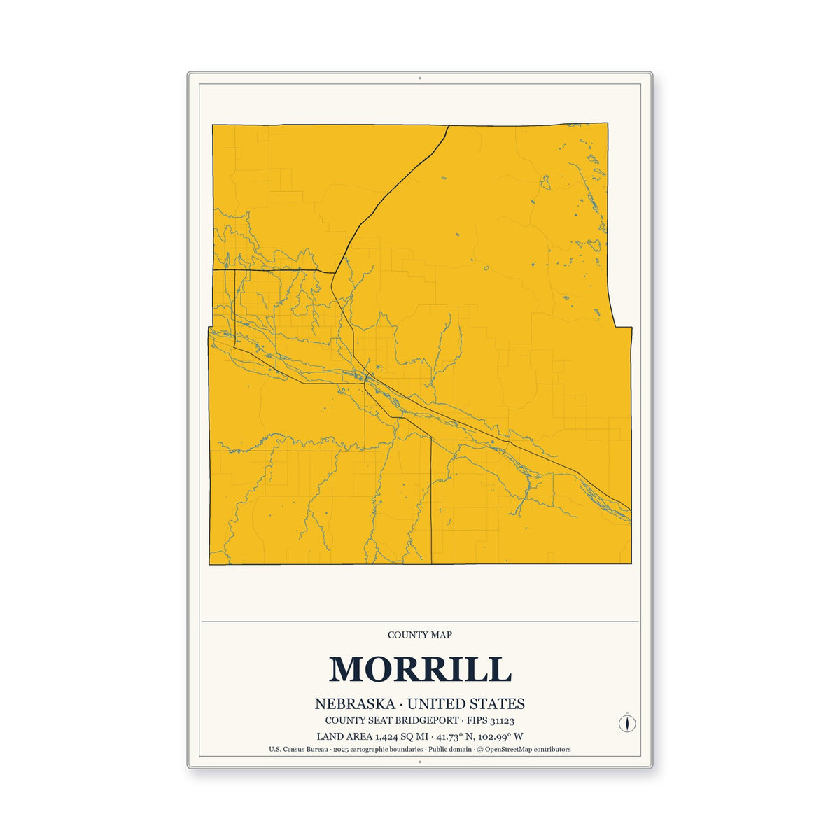 Morrill County, Nebraska Map Aluminum Sign in Citrine Modern style