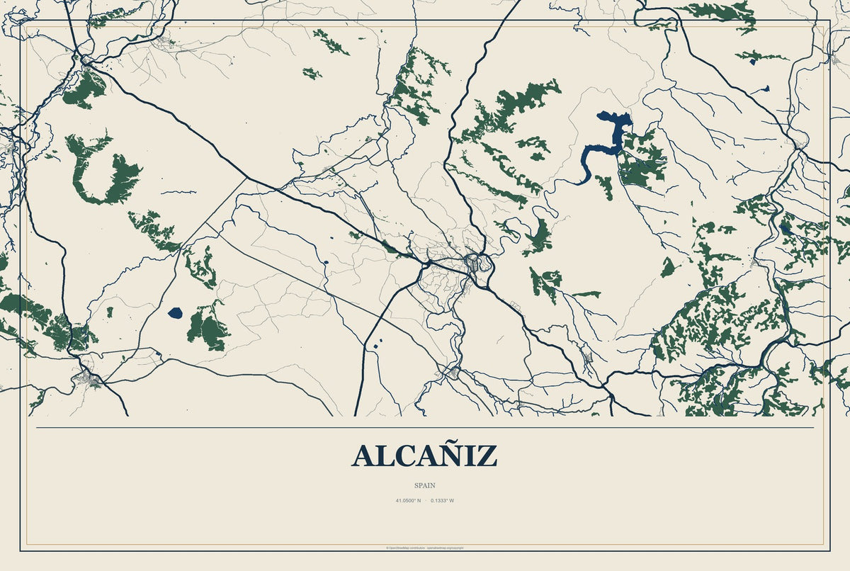 Alcañiz, Spain City Map Aluminum Sign in Coastal Cutout style