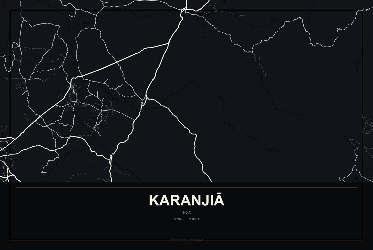 Karanjiā, India City Map Aluminum Sign in Metropolitan Noir style