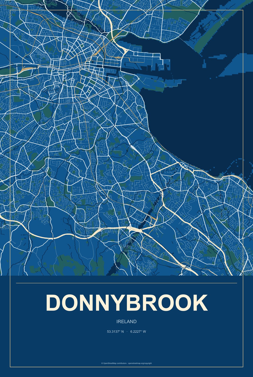 Donnybrook, Ireland City Map Aluminum Sign in Harbor Cobalt style