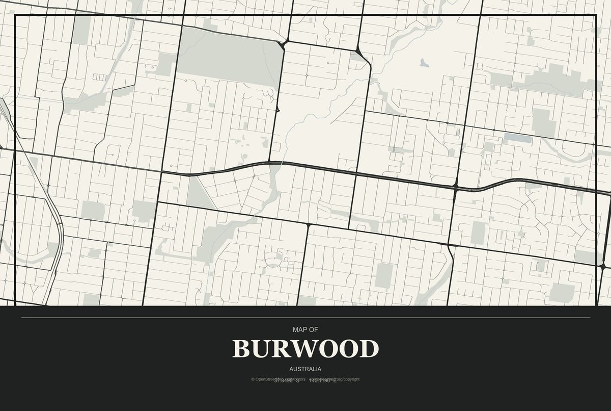 Burwood, Australia City Map Aluminum Sign in Museum Plaque style