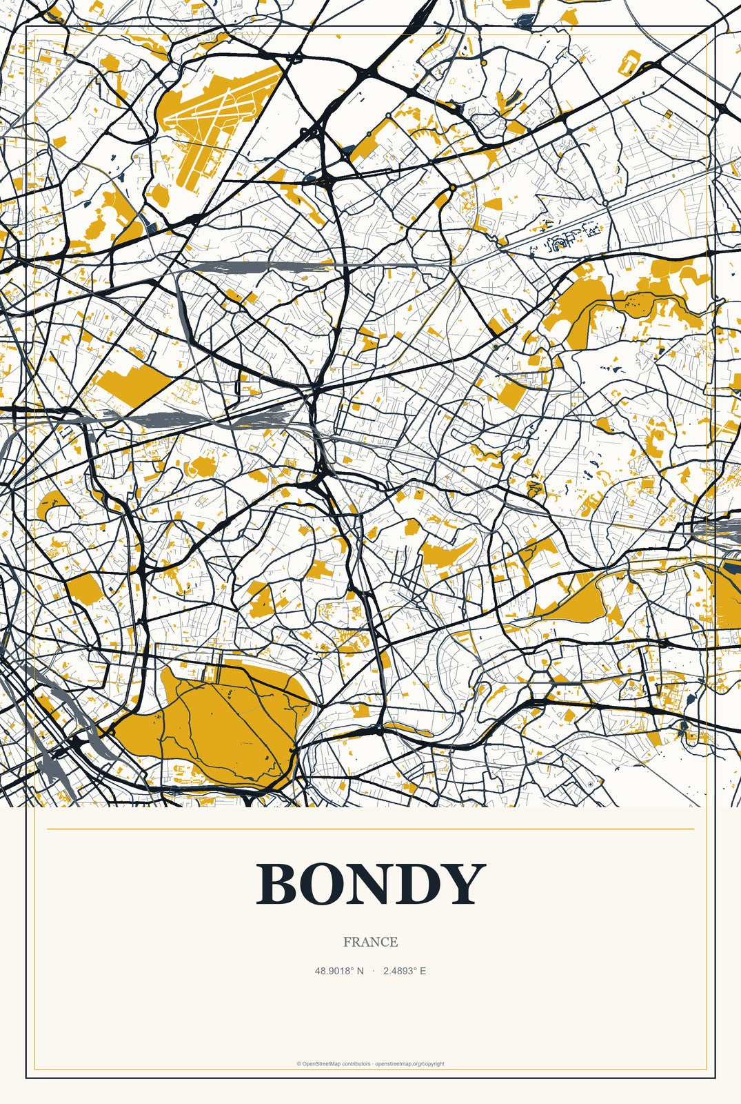 Bondy, France City Map Aluminum Sign in Citrine Modern style