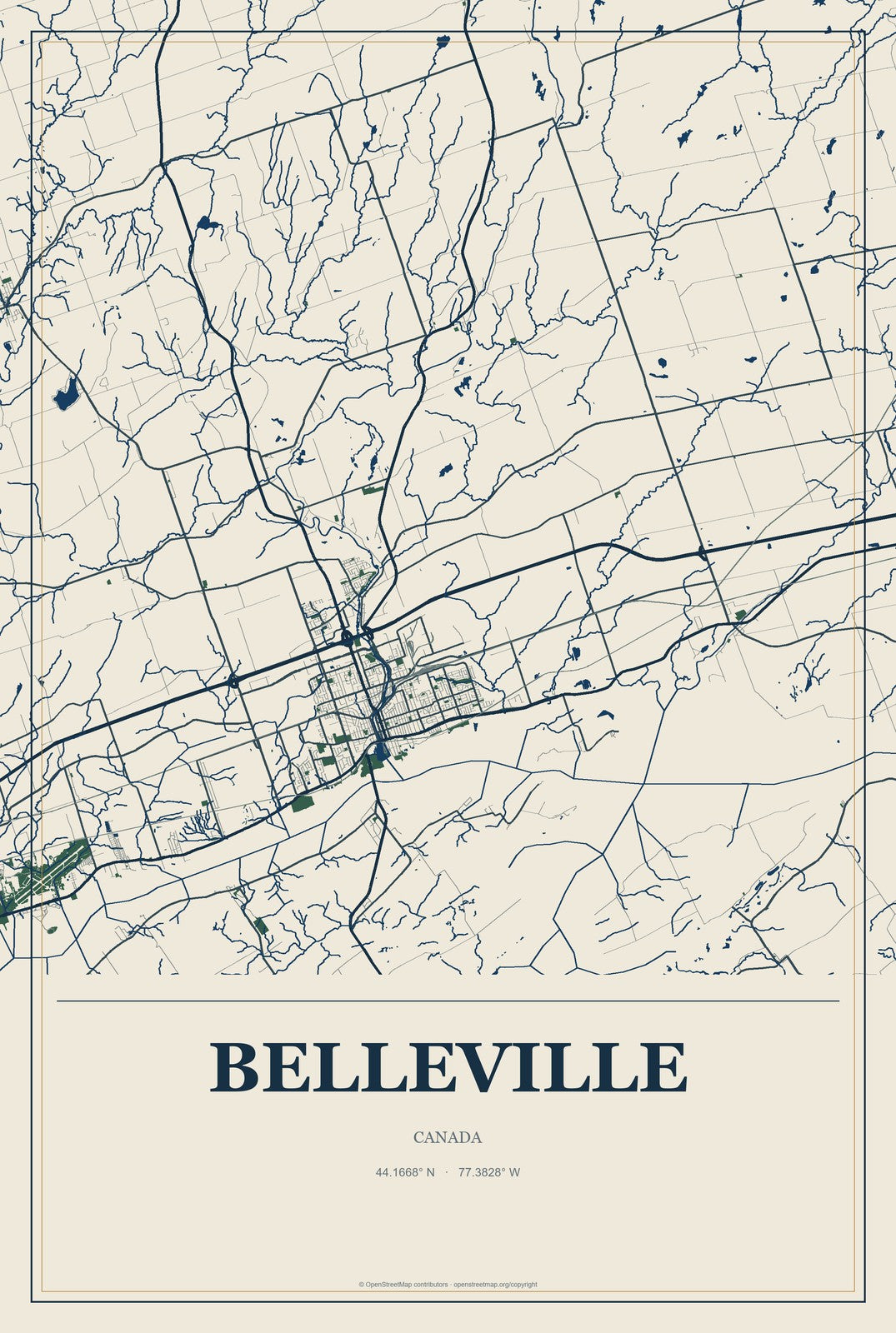 Belleville, Canada City Map Aluminum Sign in Coastal Cutout style