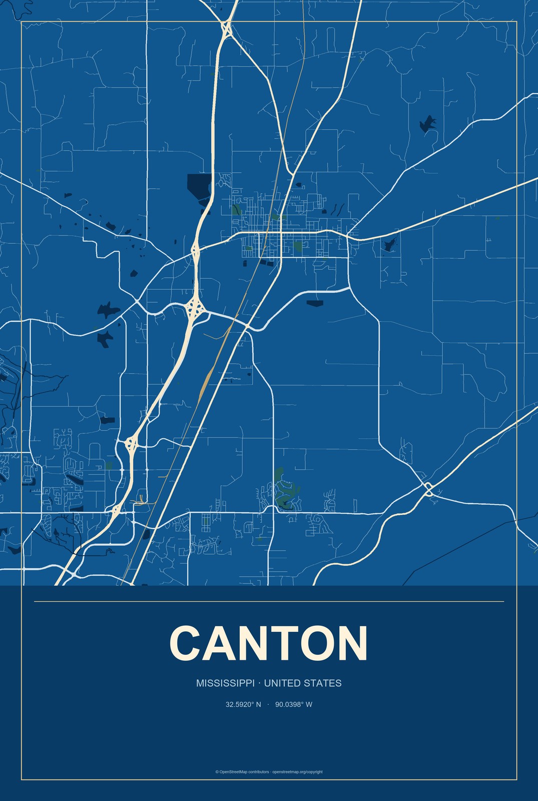 Canton, Mississippi City Map Aluminum Sign in Harbor Cobalt style