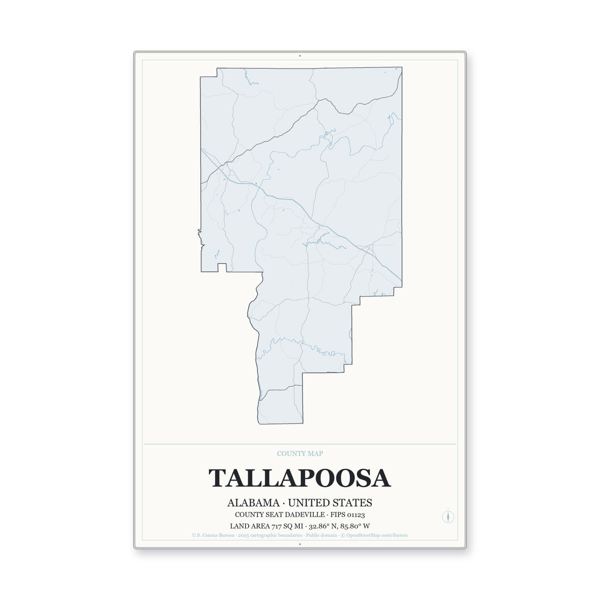 Tallapoosa County, Alabama Map Aluminum Sign in Gallery Air style