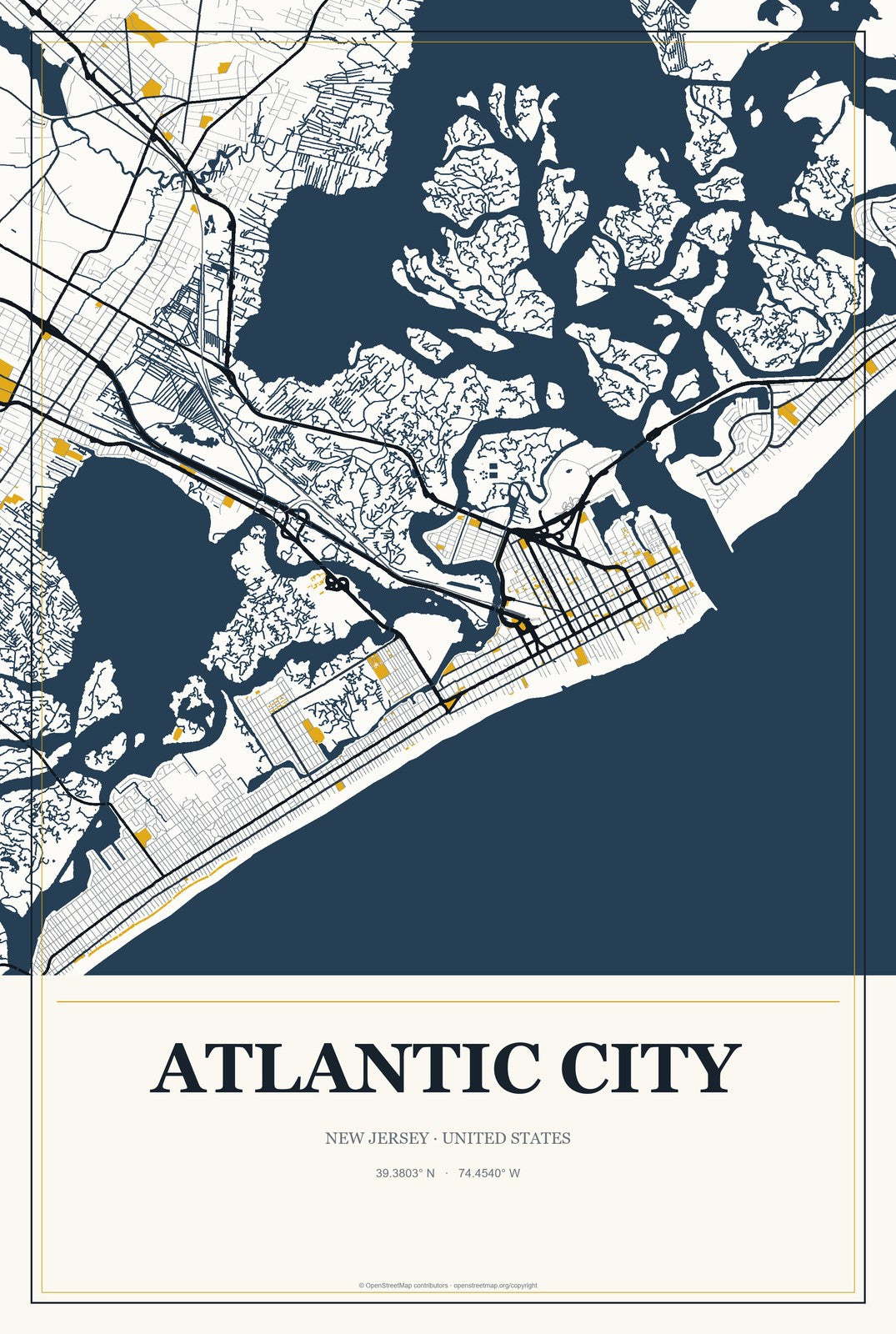 Atlantic City, New Jersey City Map Aluminum Sign in Citrine Modern style