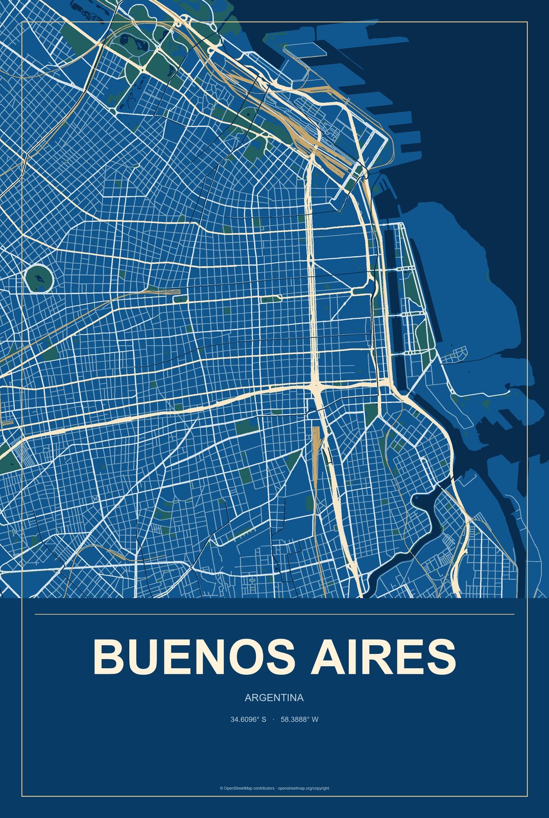 Buenos Aires, Argentina City Map Aluminum Sign in Harbor Cobalt style