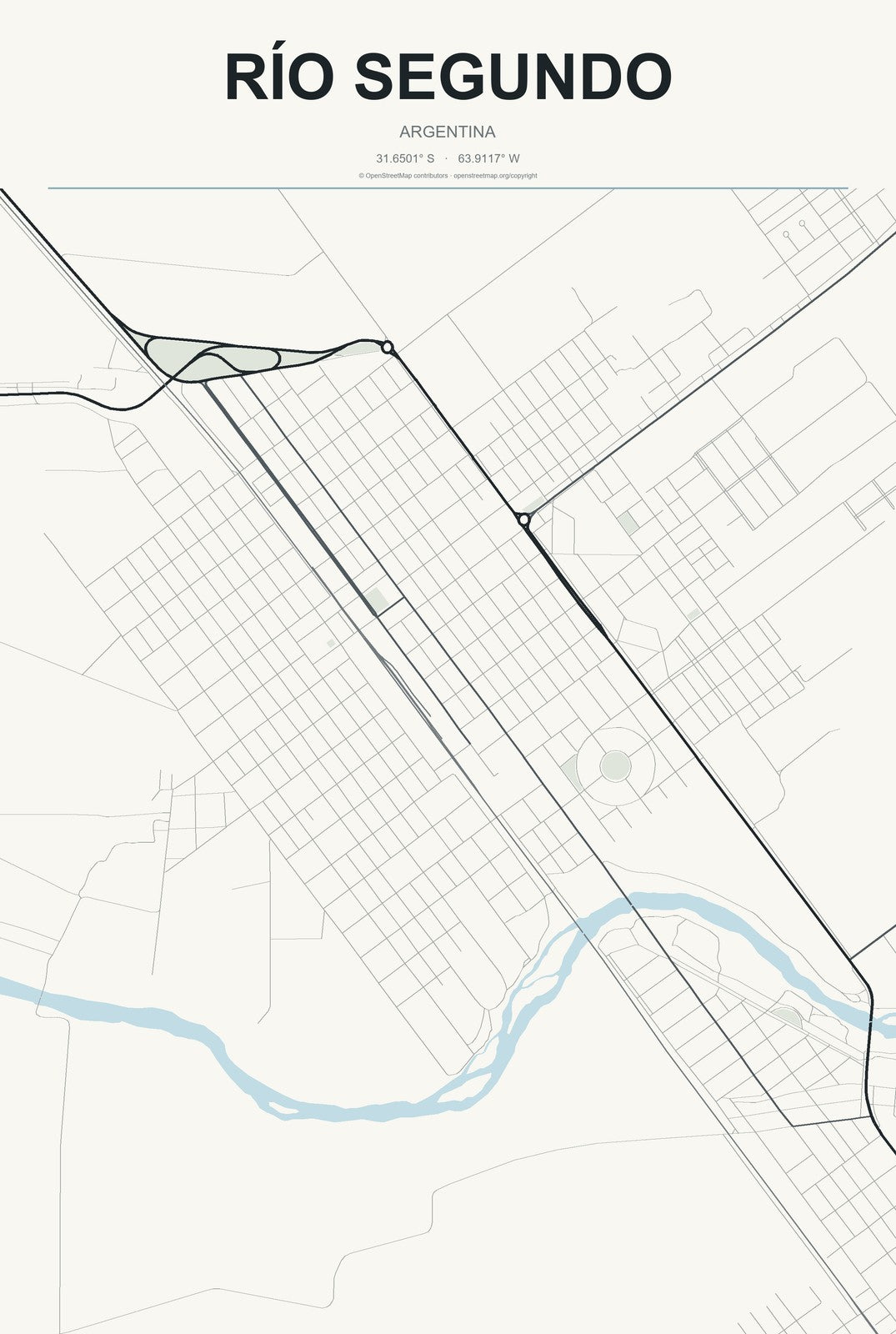 Río Segundo, Argentina City Map Aluminum Sign in Headline Atlas style