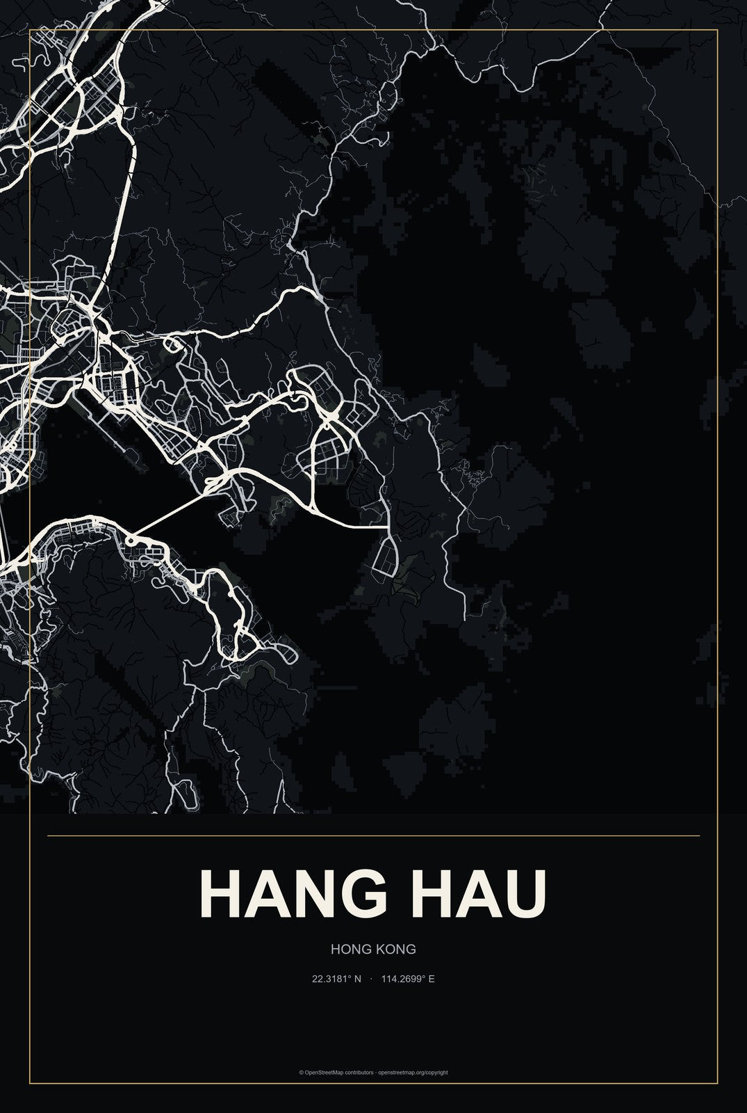 Hang Hau, Hong Kong City Map Aluminum Sign in Metropolitan Noir style
