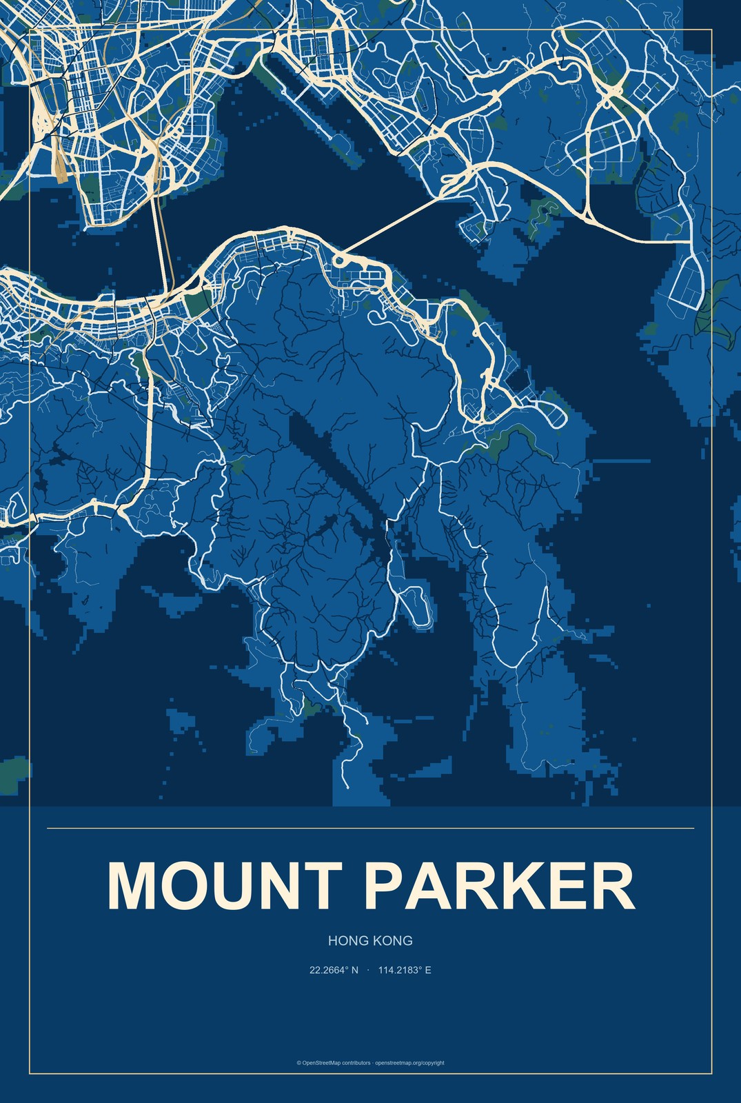 Mount Parker, Hong Kong City Map Aluminum Sign in Harbor Cobalt style