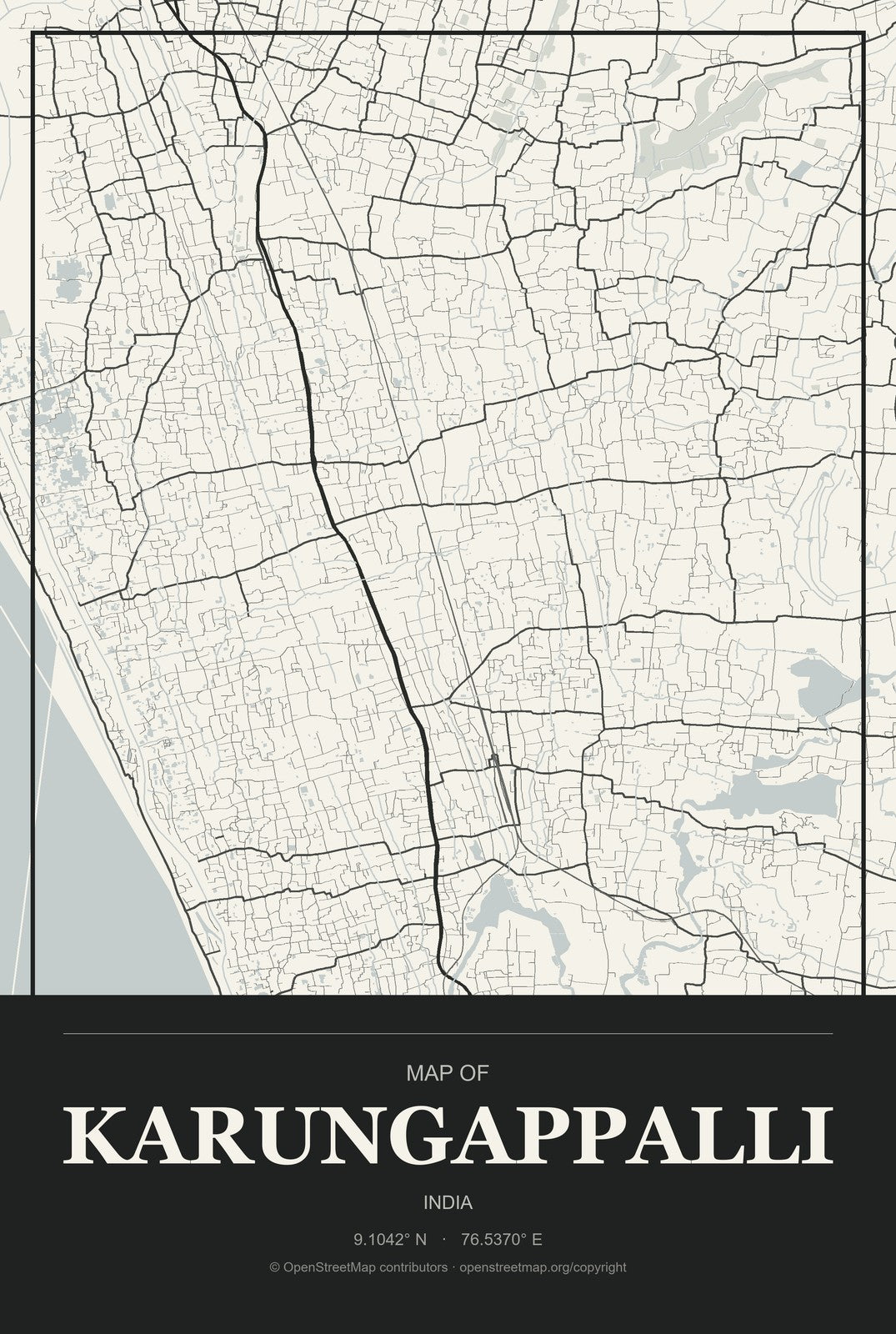 Karungappalli, India City Map Aluminum Sign in Museum Plaque style