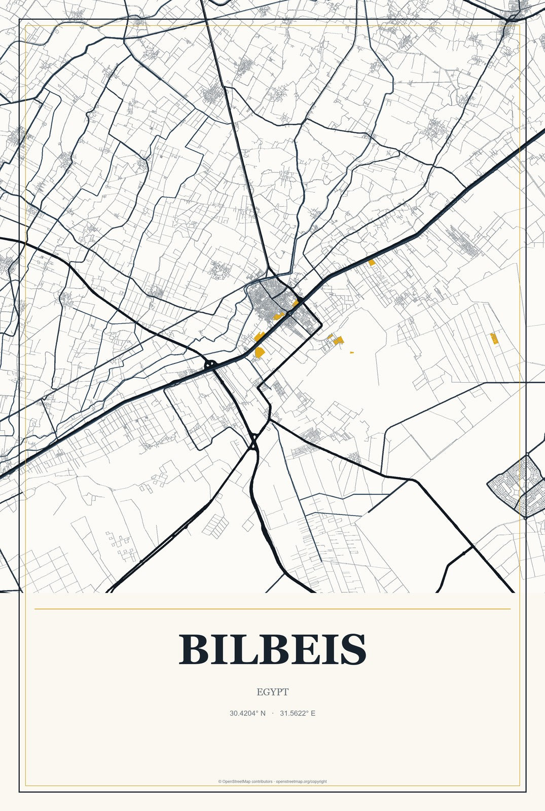 Bilbeis, Egypt City Map Aluminum Sign in Citrine Modern style