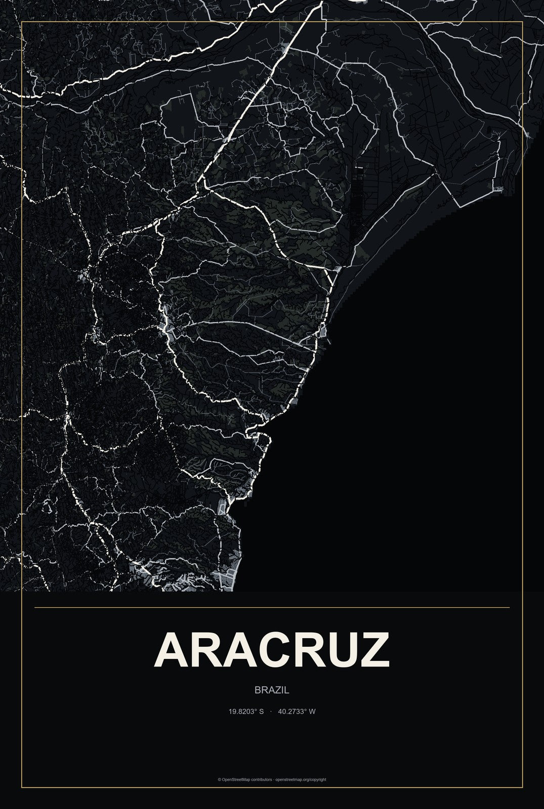 Aracruz, Brazil City Map Aluminum Sign in Metropolitan Noir style