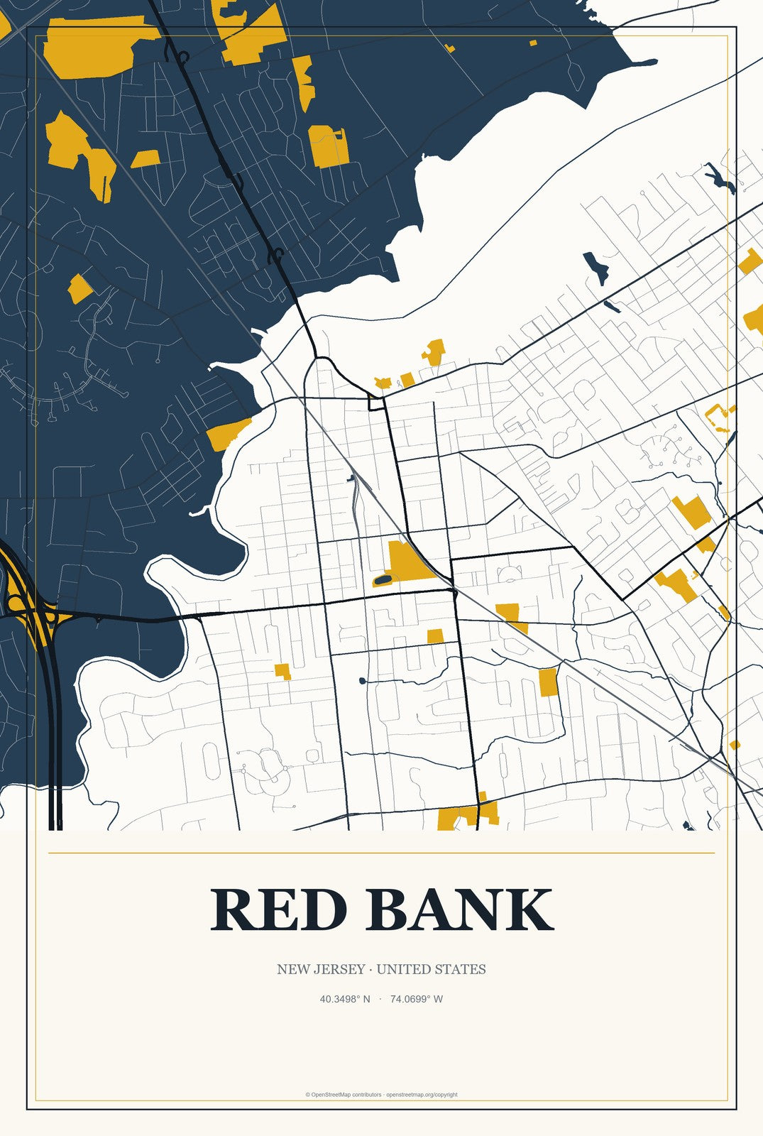 Red Bank, New Jersey City Map Aluminum Sign in Citrine Modern style