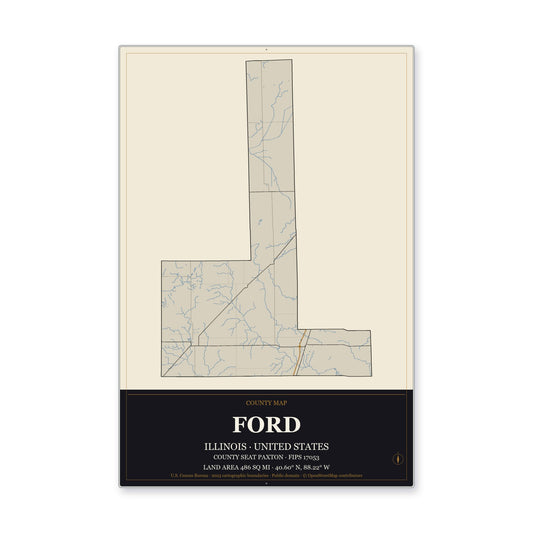 Ford County, Illinois Map Aluminum Sign in Museum Plaque style