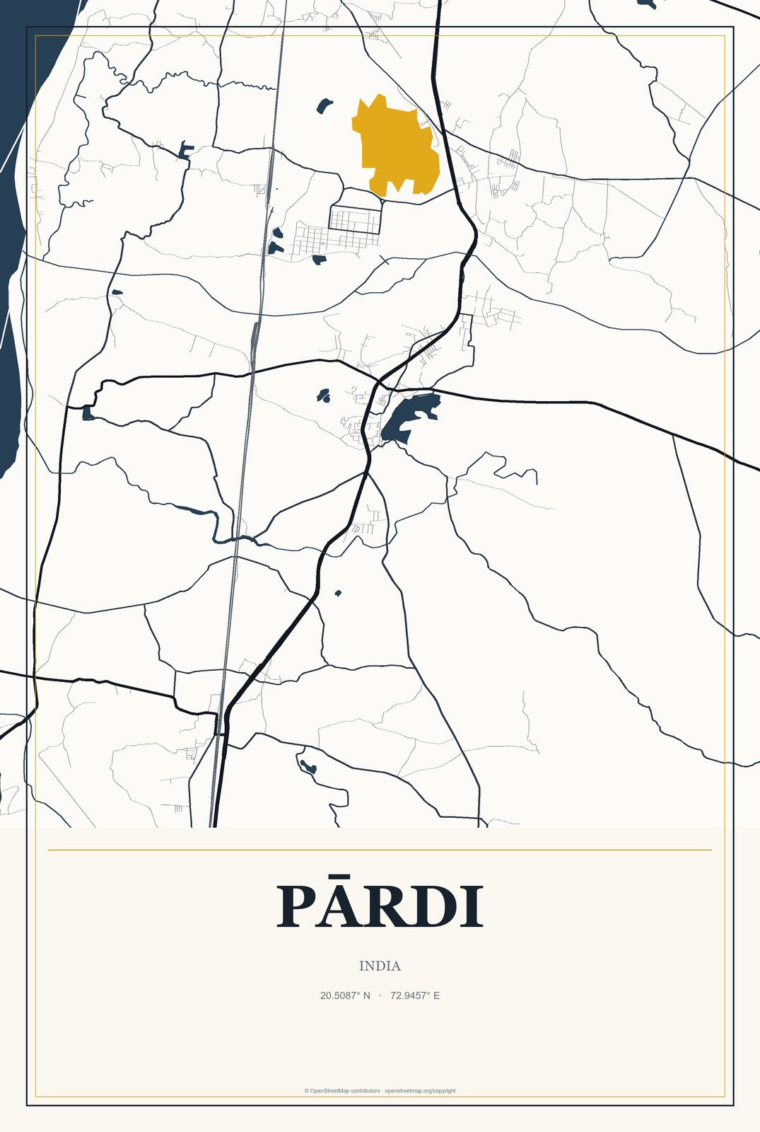 Pārdi, India City Map Aluminum Sign in Citrine Modern style
