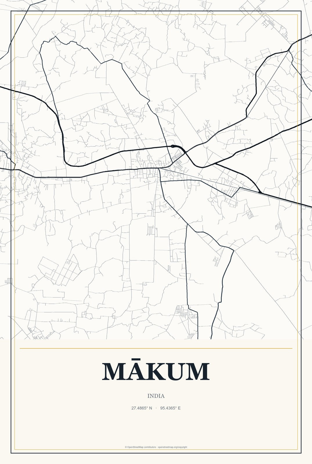 Mākum, India City Map Aluminum Sign in Citrine Modern style