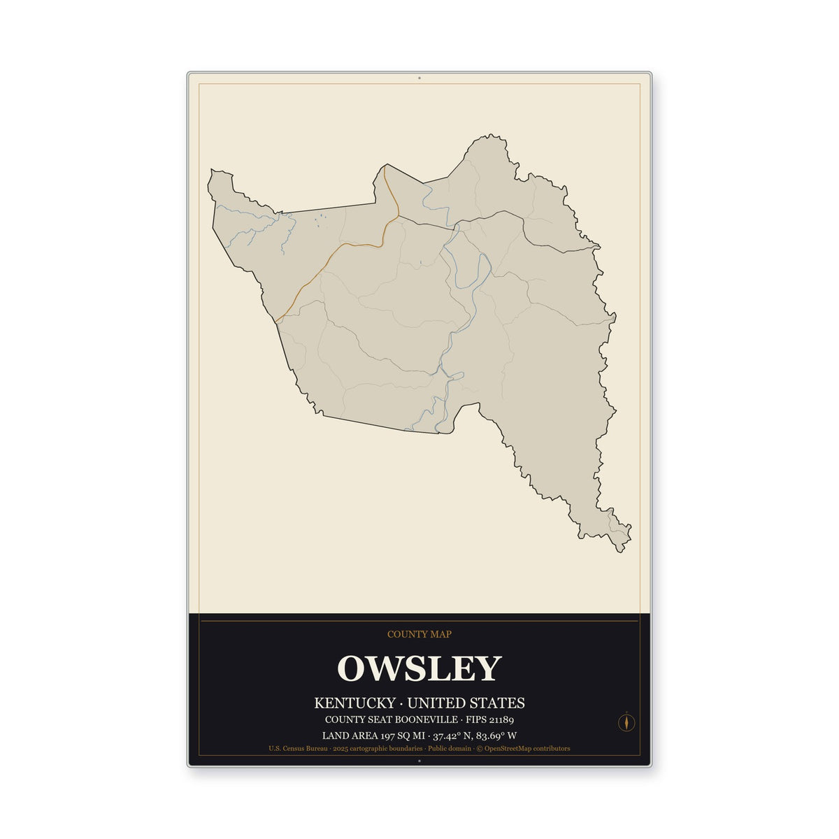 Owsley County, Kentucky Map Aluminum Sign in Museum Plaque style