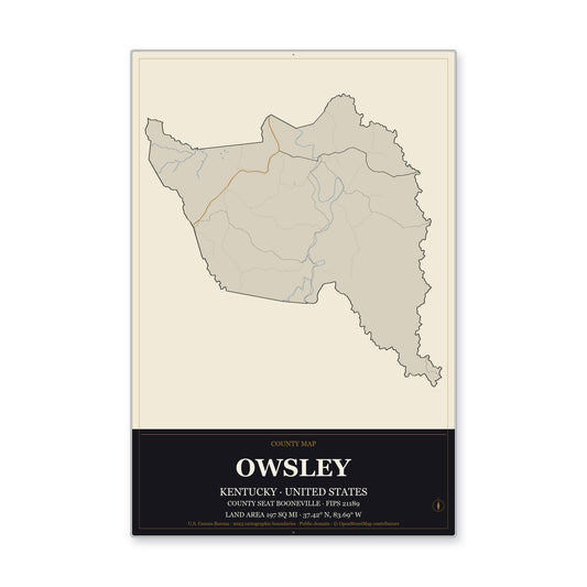 Owsley County, Kentucky Map Aluminum Sign in Museum Plaque style
