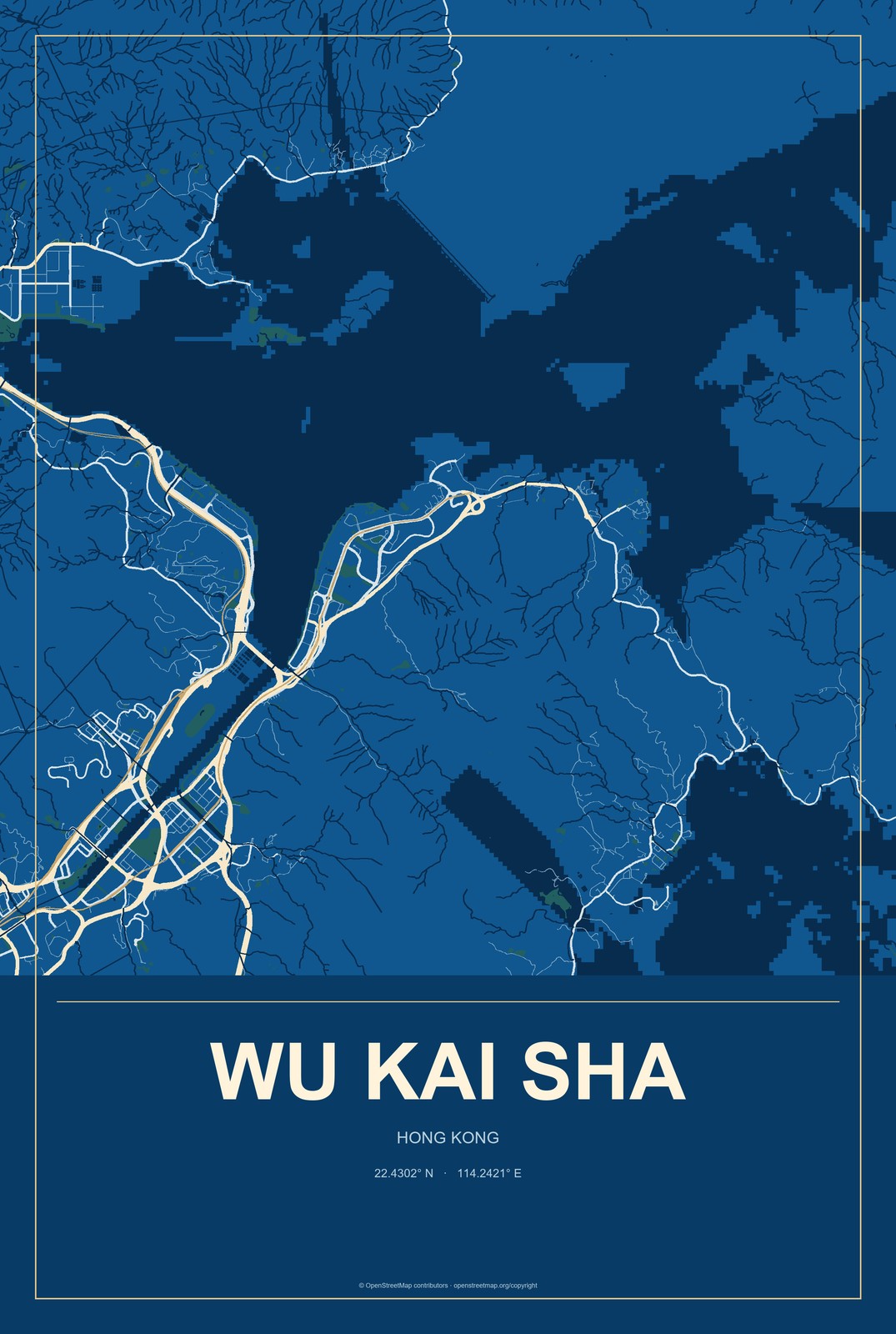 Wu Kai Sha, Hong Kong City Map Aluminum Sign in Harbor Cobalt style