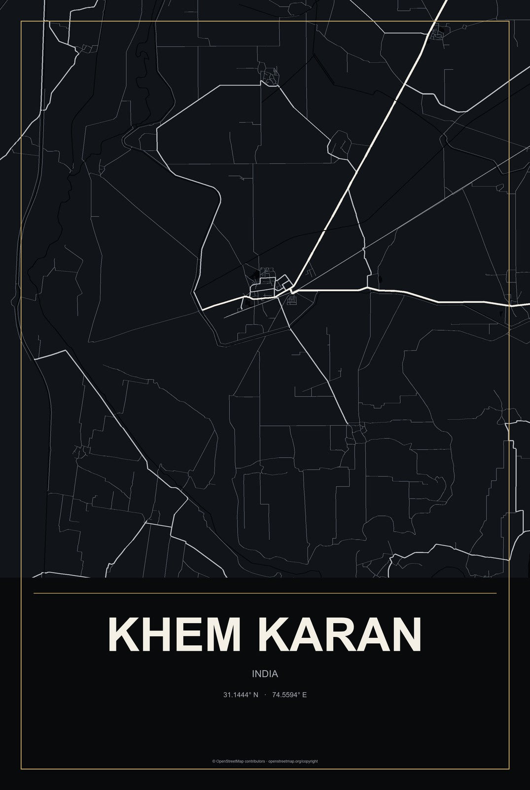 Khem Karan, India City Map Aluminum Sign in Metropolitan Noir style