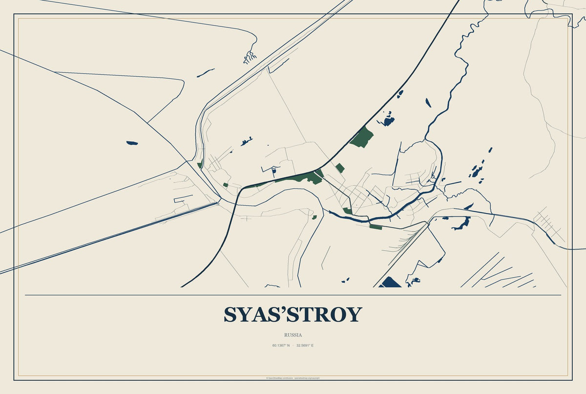 Syas’stroy, Russia City Map Aluminum Sign in Coastal Cutout style