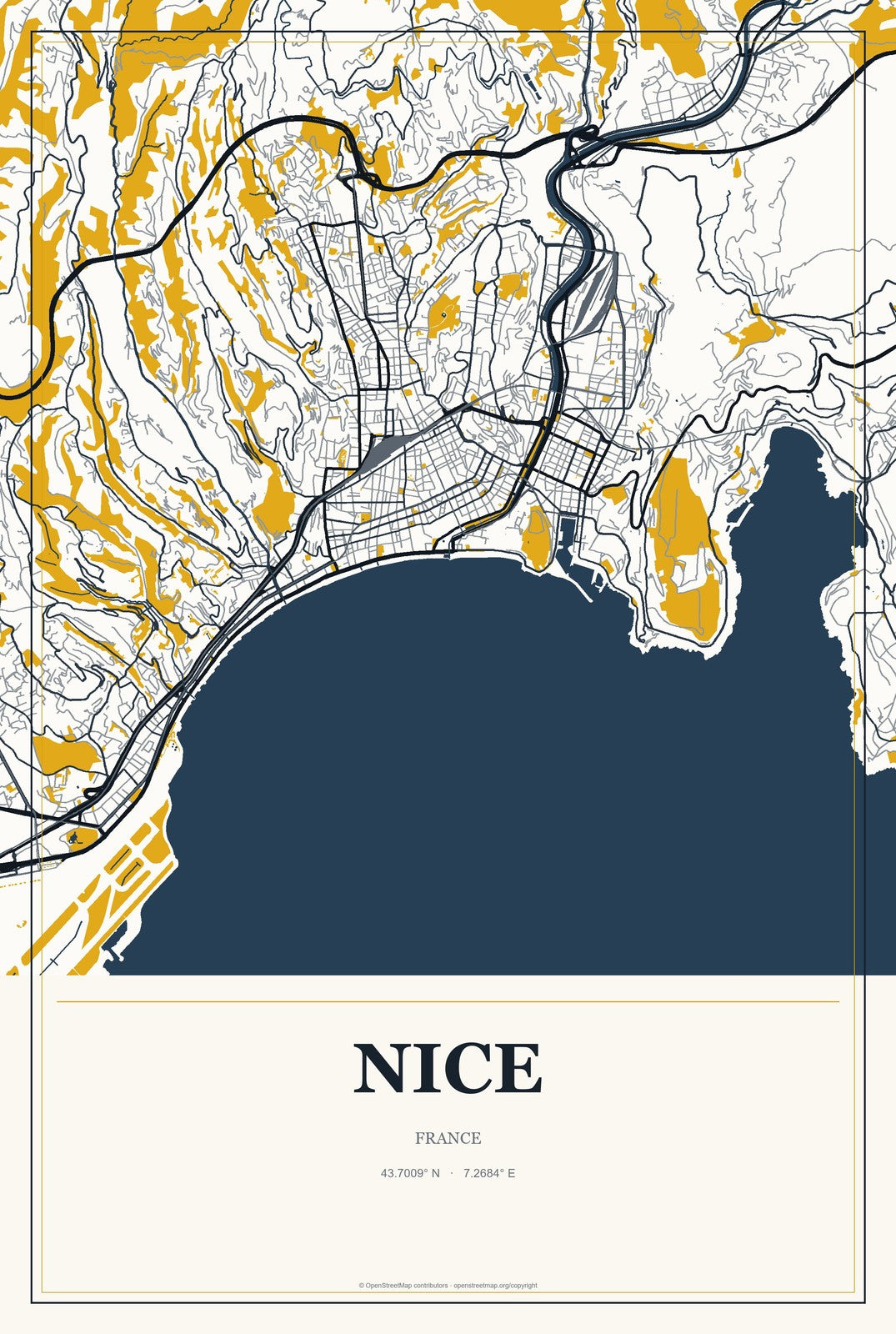 Nice, France City Map Aluminum Sign in Citrine Modern style