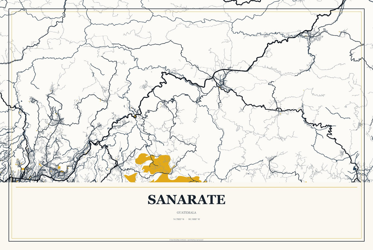 Sanarate, Guatemala City Map Aluminum Sign in Citrine Modern style