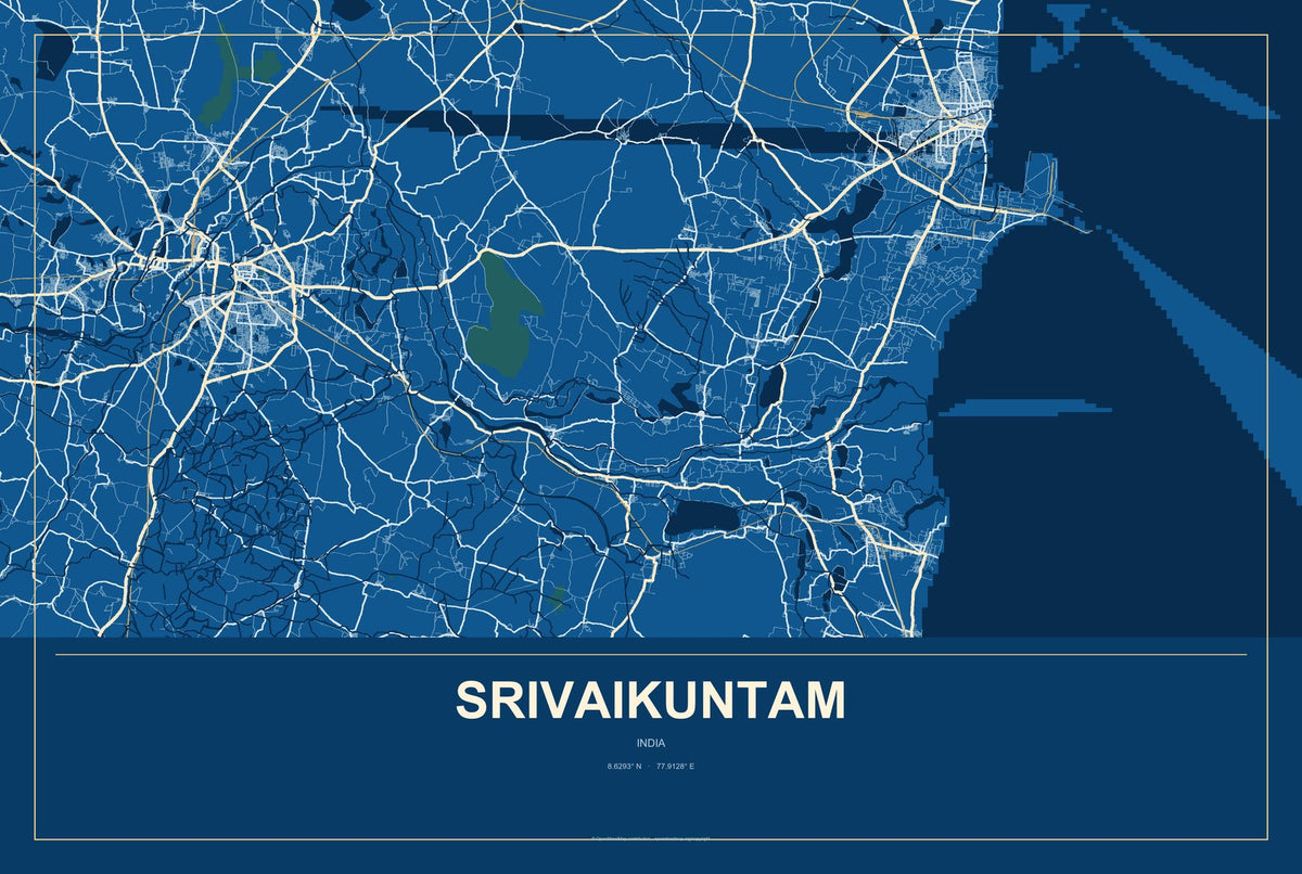 Srivaikuntam, India City Map Aluminum Sign in Harbor Cobalt style