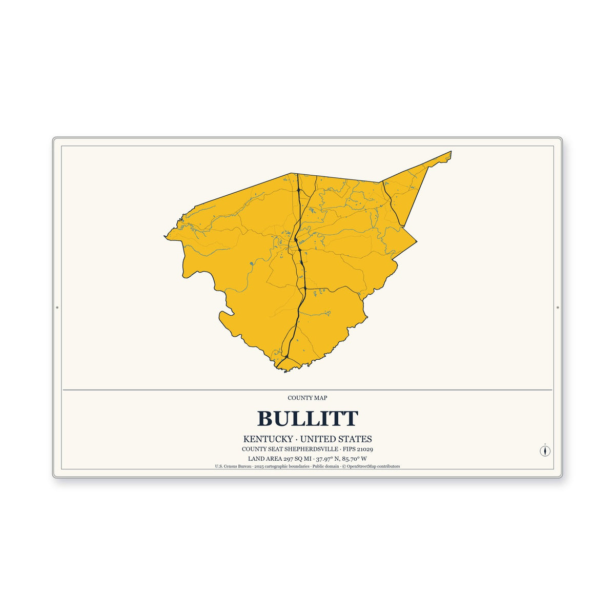 Bullitt County, Kentucky Map Aluminum Sign in Citrine Modern style