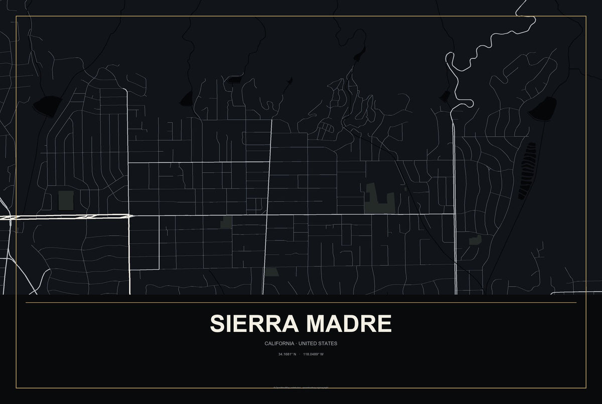 Sierra Madre, California City Map Aluminum Sign in Metropolitan Noir style