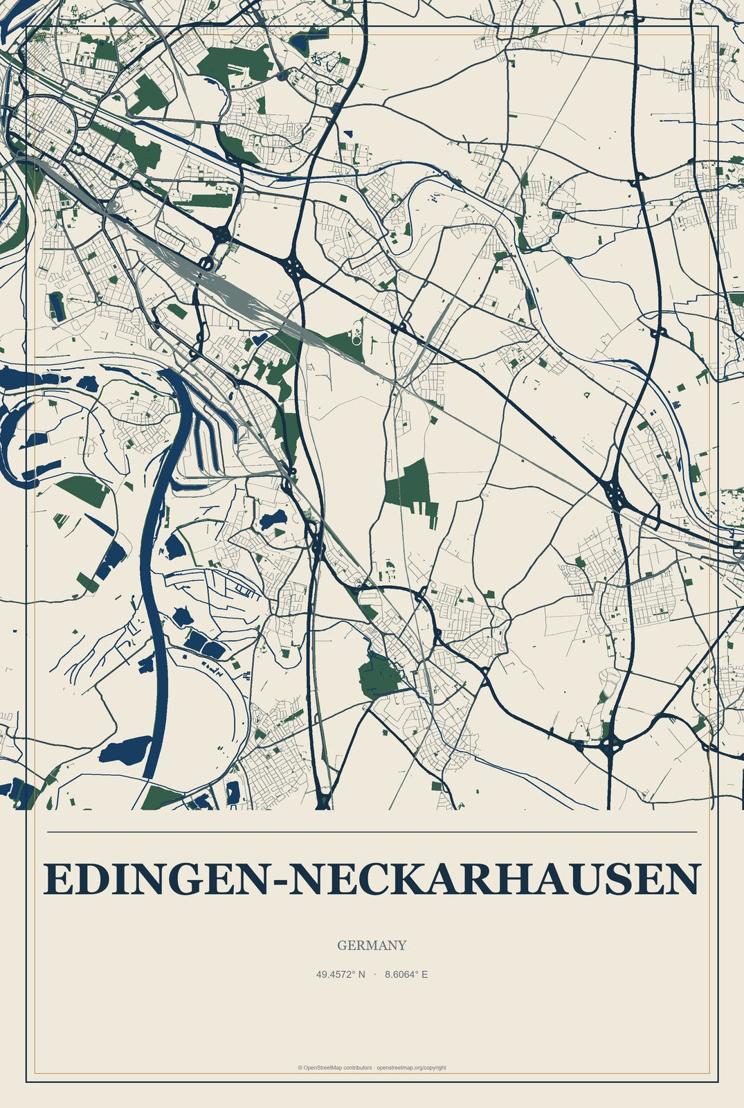 Edingen-Neckarhausen, Germany City Map Aluminum Sign in Coastal Cutout style
